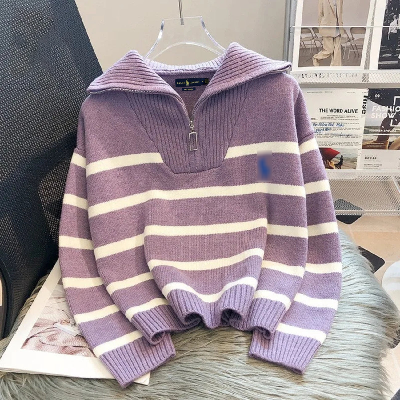 Striped Quarter-Zip Knit Sweater
